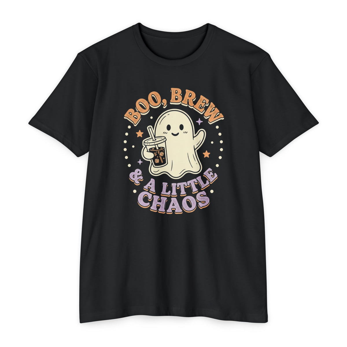 Halloween Ghost Tee — "Boo, Brew & A Little Chaos" Graphic T-Shirt