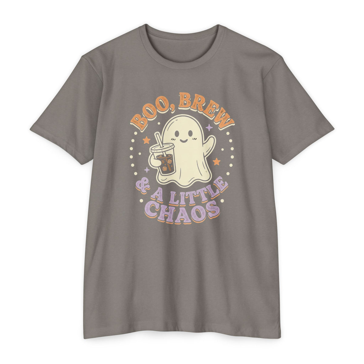 Halloween Ghost Tee — "Boo, Brew & A Little Chaos" Graphic T-Shirt