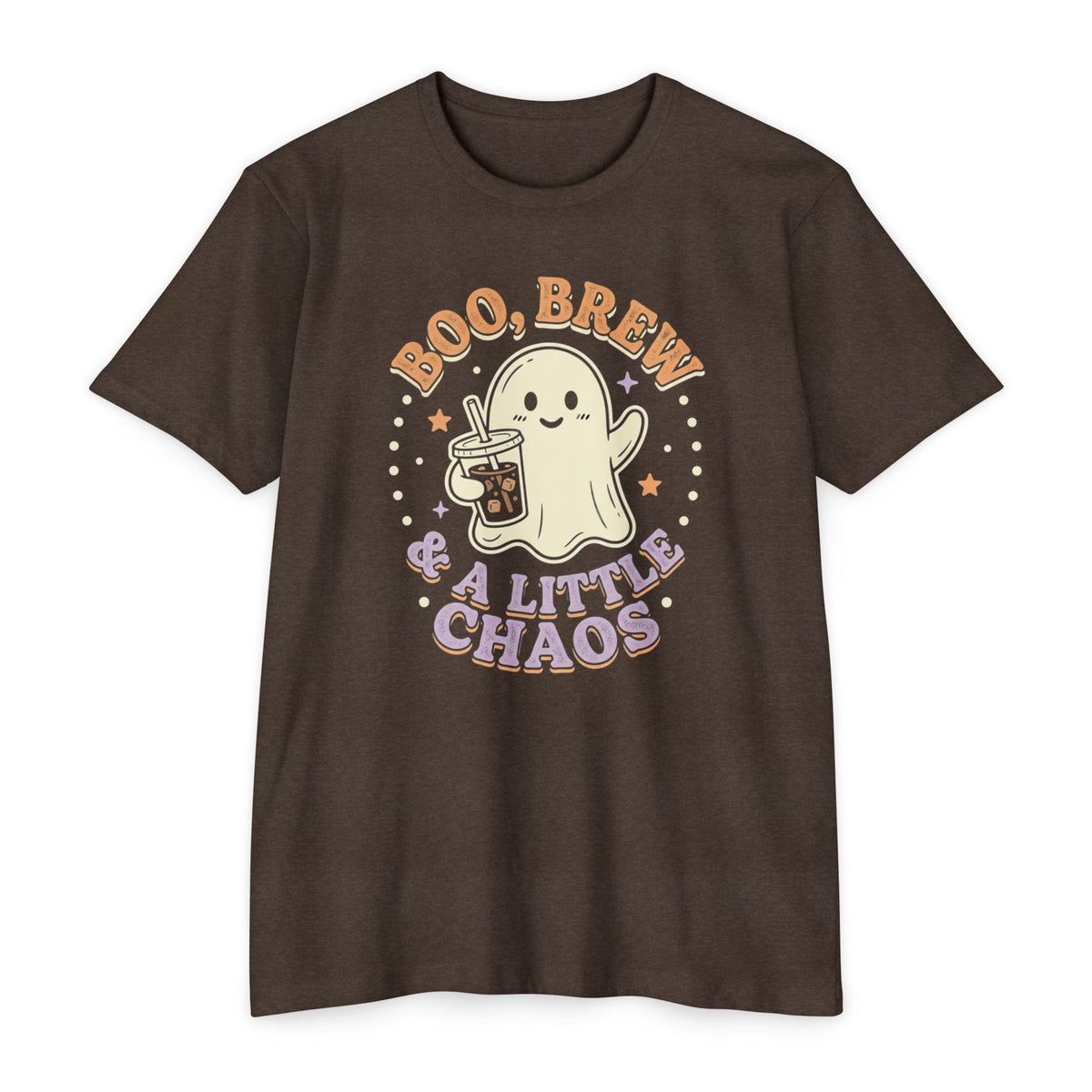 Halloween Ghost Tee — "Boo, Brew & A Little Chaos" Graphic T-Shirt