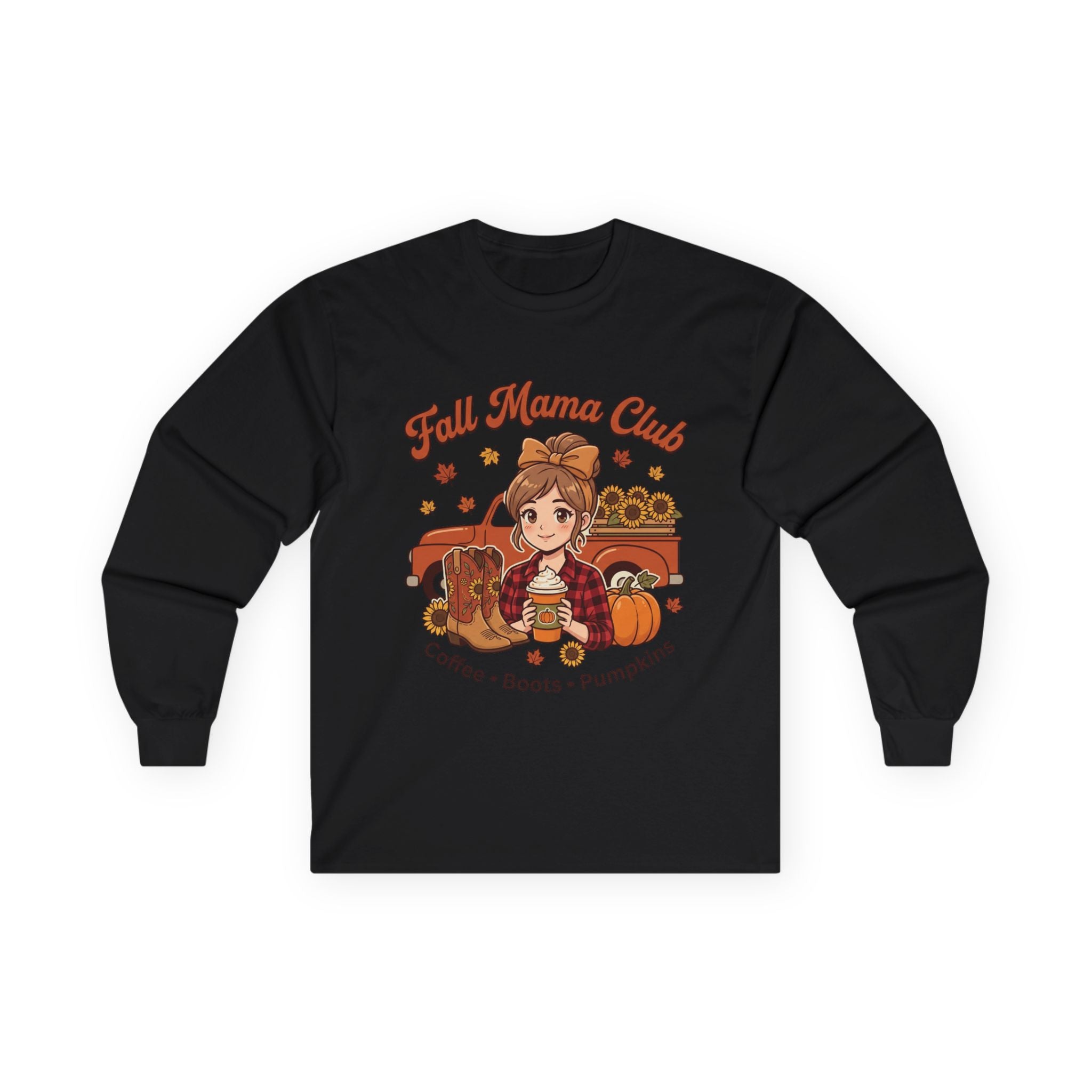 Black long-sleeve tee with "Fall Mama Club" graphic featuring a woman, truck, boots, pumpkin, and coffee.