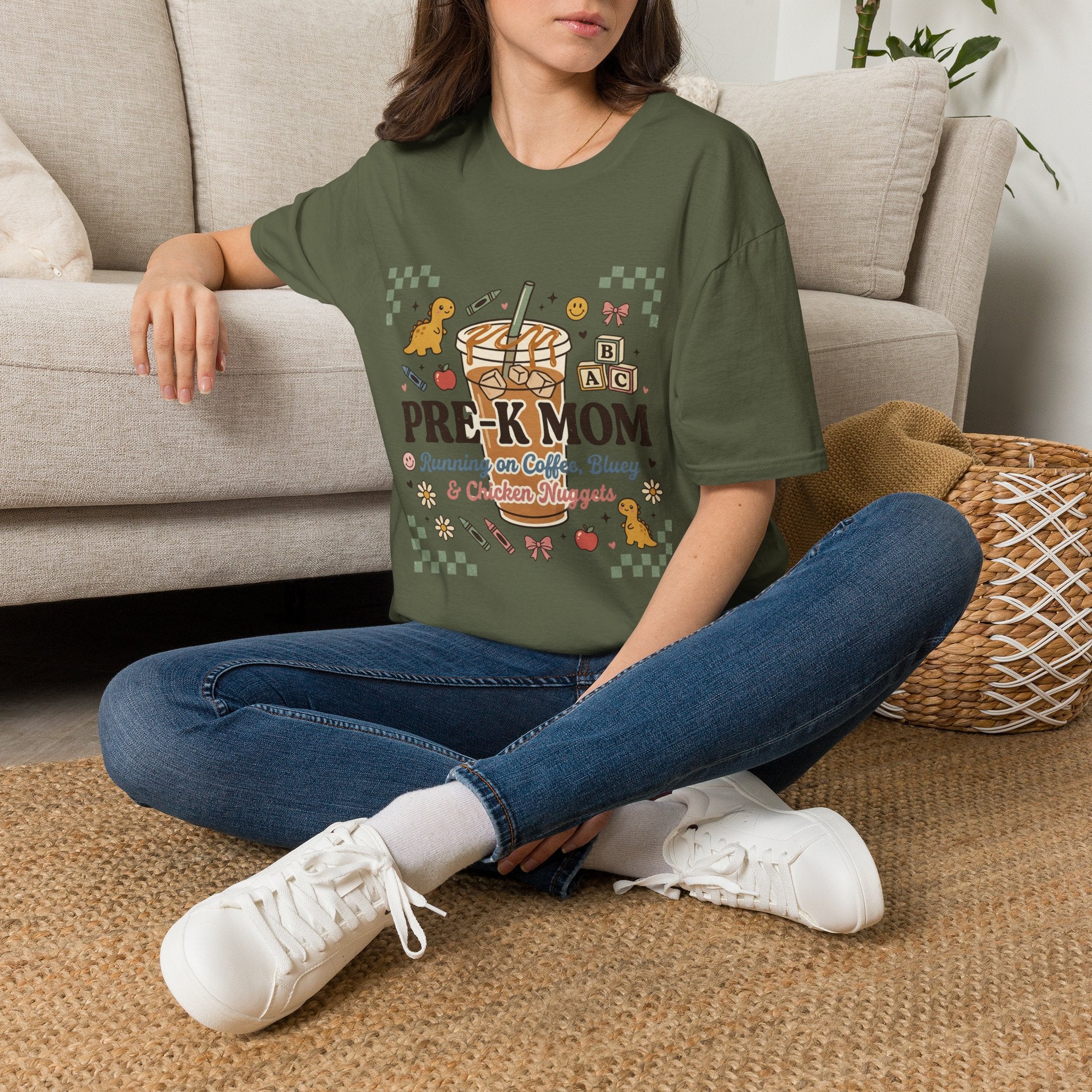 Pre-K Mom T-Shirt – I Survive on Coffee, Snacks & Classroom Chaos Mom Tee