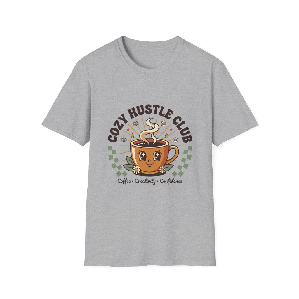 Cozy Hustle Club T-Shirt — Cute Coffee Cup Design for Remote Workers & Creatives