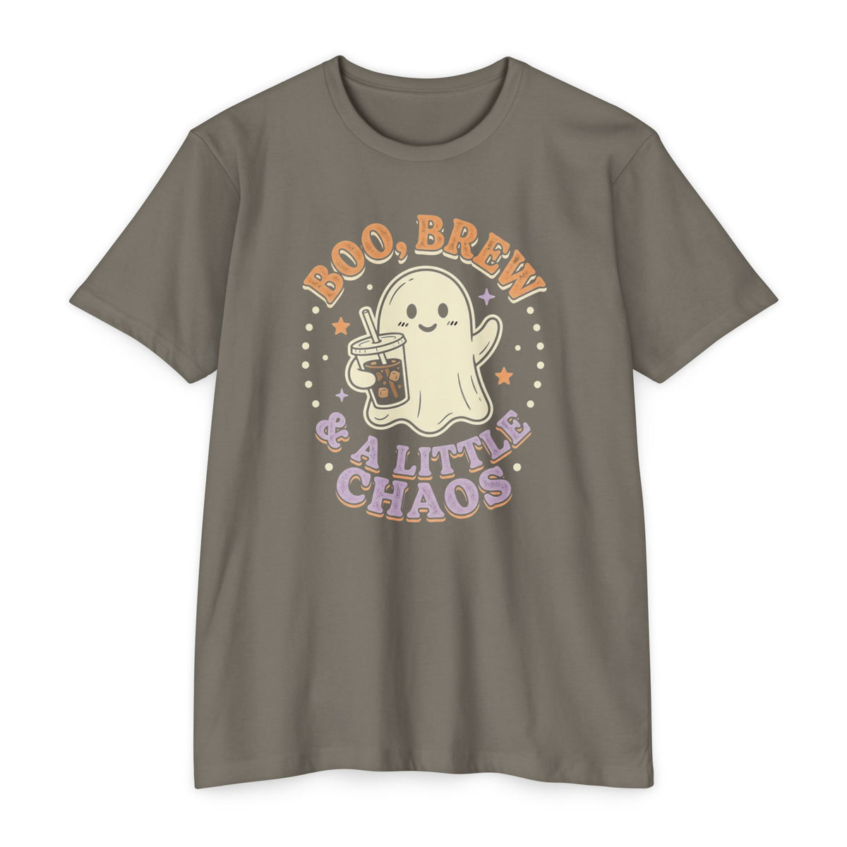 Halloween Ghost Tee — "Boo, Brew & A Little Chaos" Graphic T-Shirt