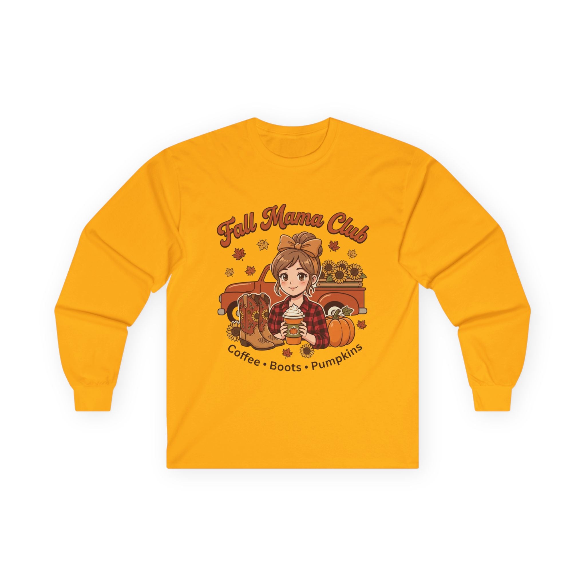 Fall Mama Club long sleeve tee in gold with a graphic of a woman holding coffee, boots, and pumpkins.