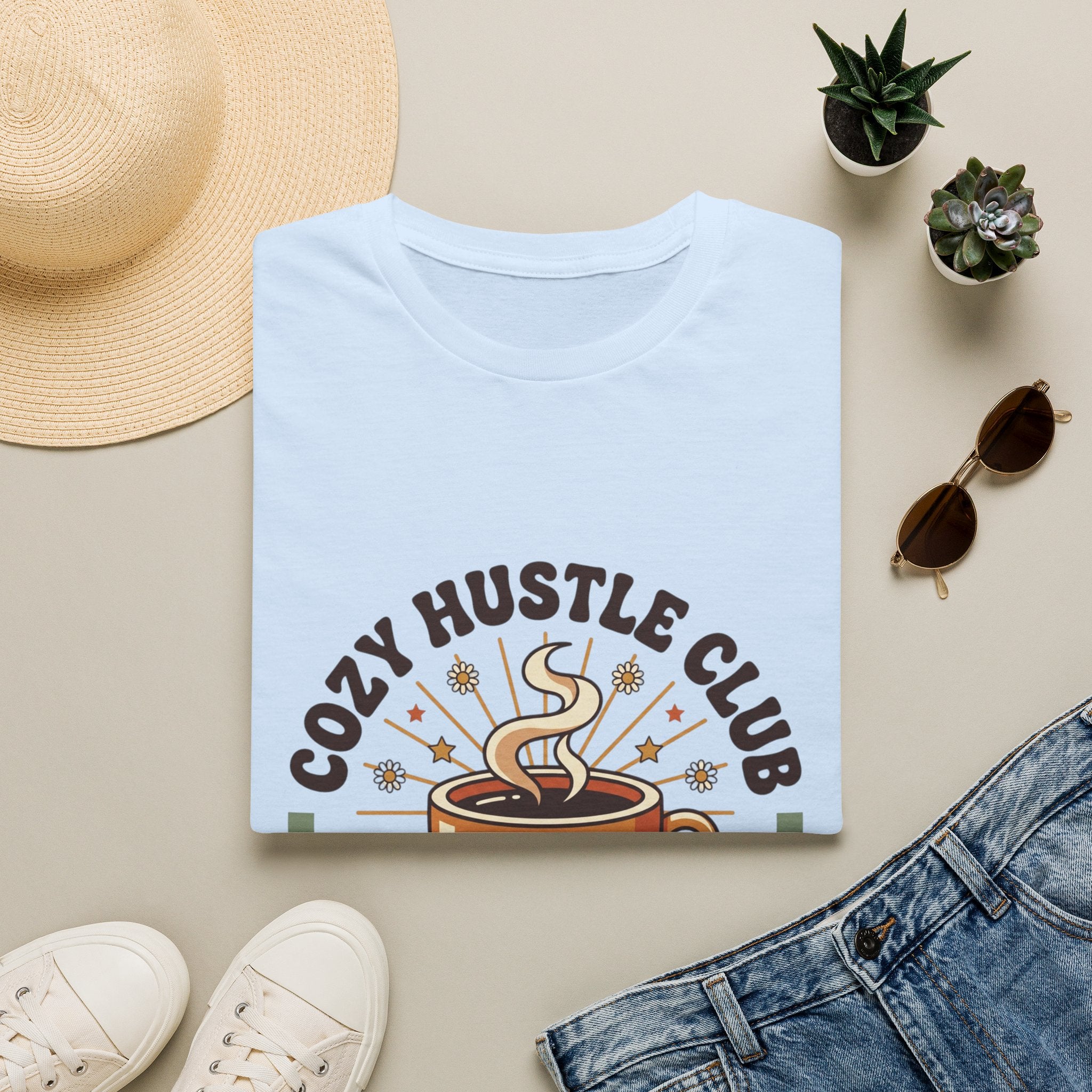 Cozy Hustle Club T-Shirt — Cute Coffee Cup Design for Remote Workers & Creatives