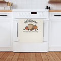 Pumpkin Spice Is Brewing Cotton Tea Towel with a steaming mug, pumpkins, cinnamon sticks, and coffee beans.