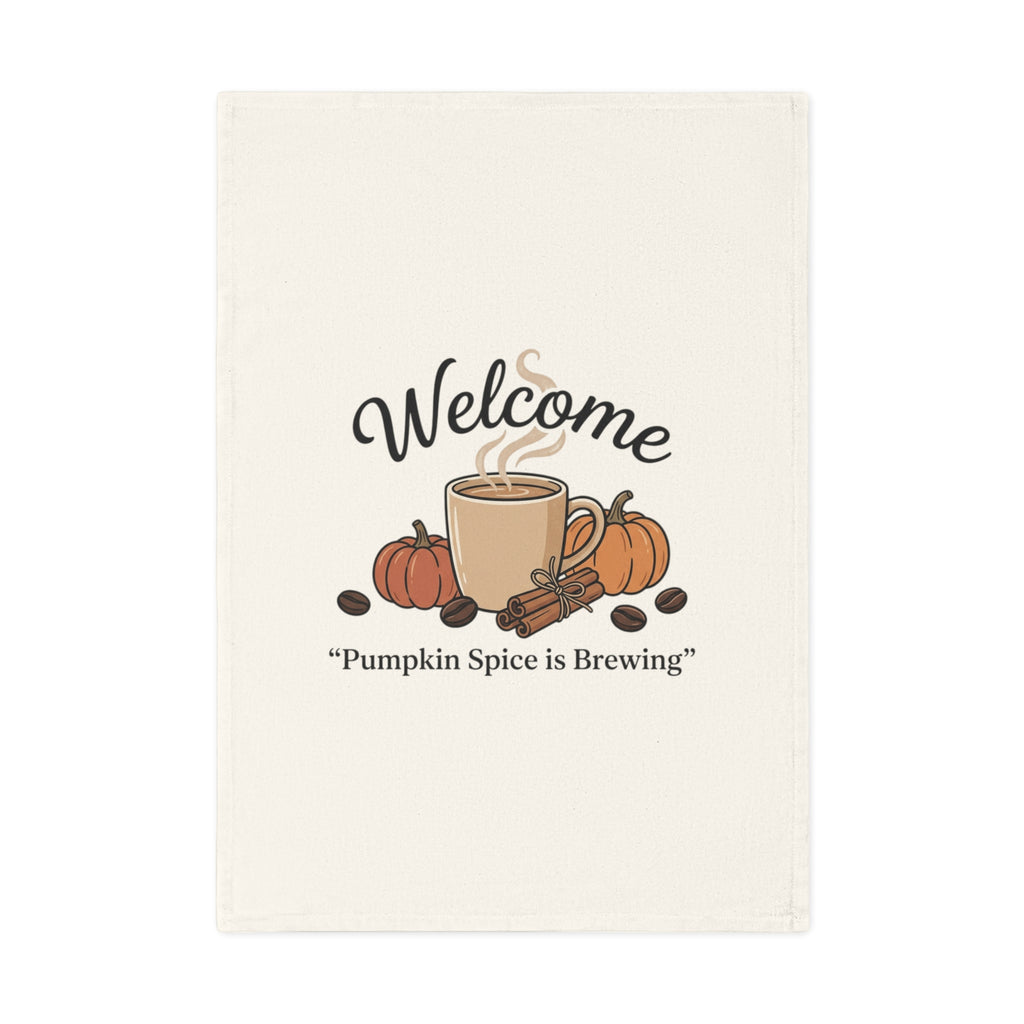 Pumpkin Spice Is Brewing Cotton Tea Towel with a steaming mug, pumpkins, cinnamon sticks, and coffee beans.