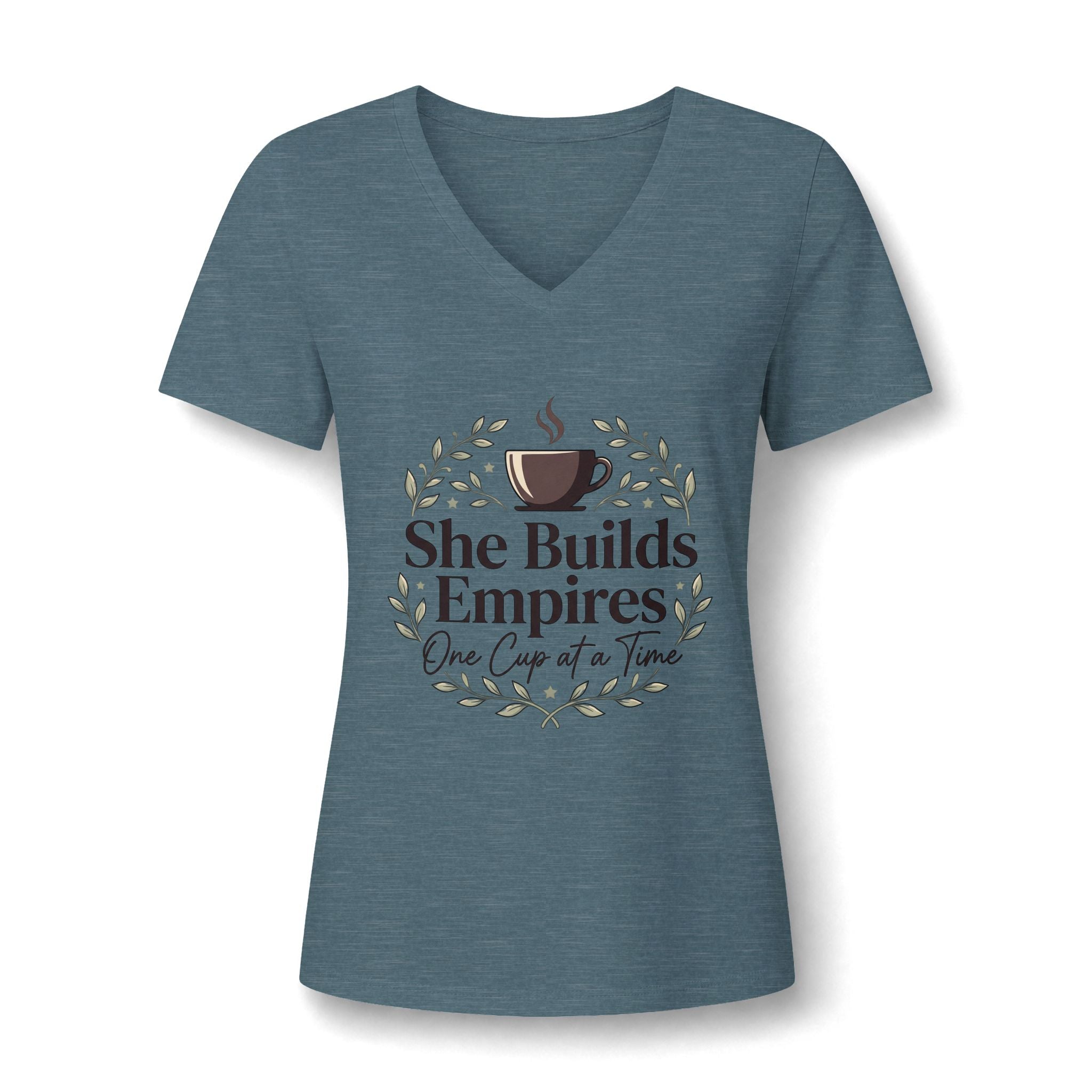 She Builds Empires Coffee Tee — "One Cup at a Time" Women's V-Neck