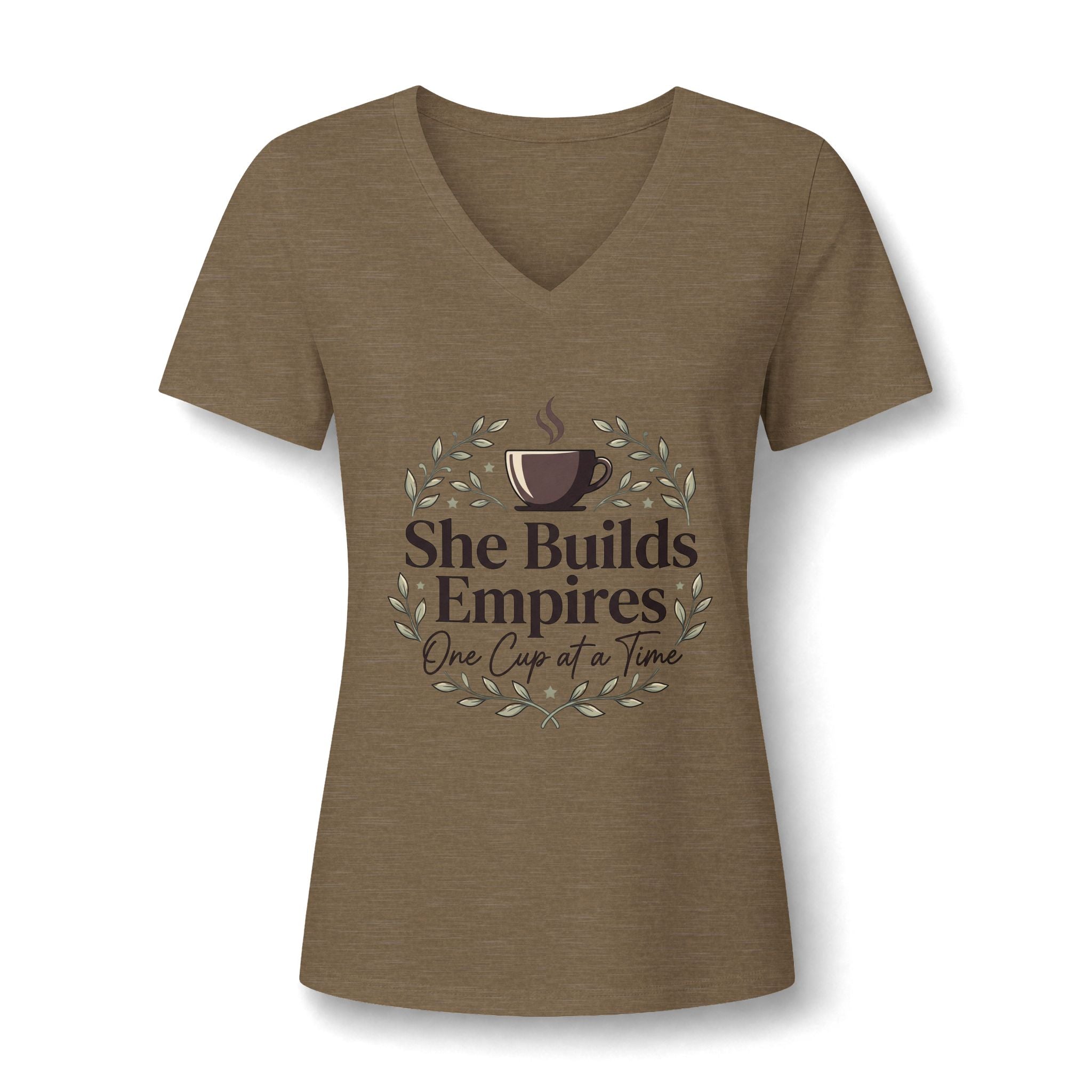 She Builds Empires Coffee Tee — "One Cup at a Time" Women's V-Neck