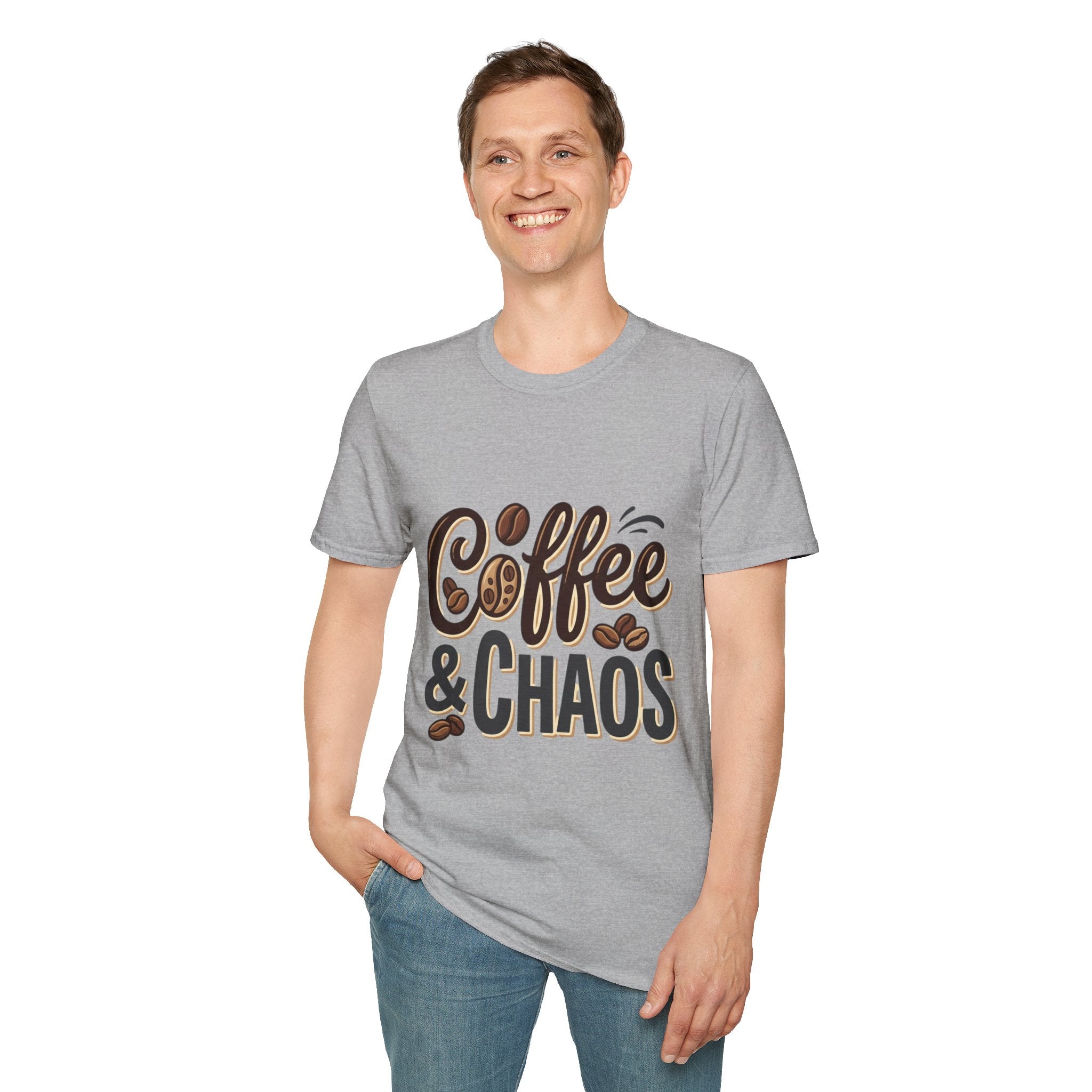 Front view of a man wearing a gray "Coffee & Chaos" T-shirt with coffee bean graphics, smiling.